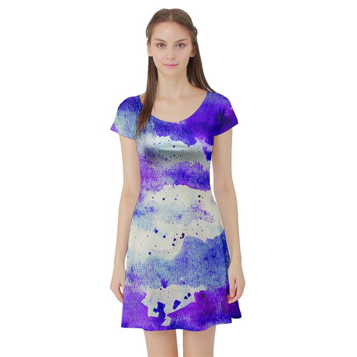 Watercolor Splatter Purple Short Sleeve Skater Dress