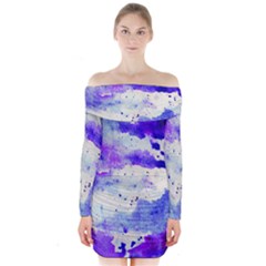 Watercolor Splatter Purple Long Sleeve Off Shoulder Dress by blkstudio