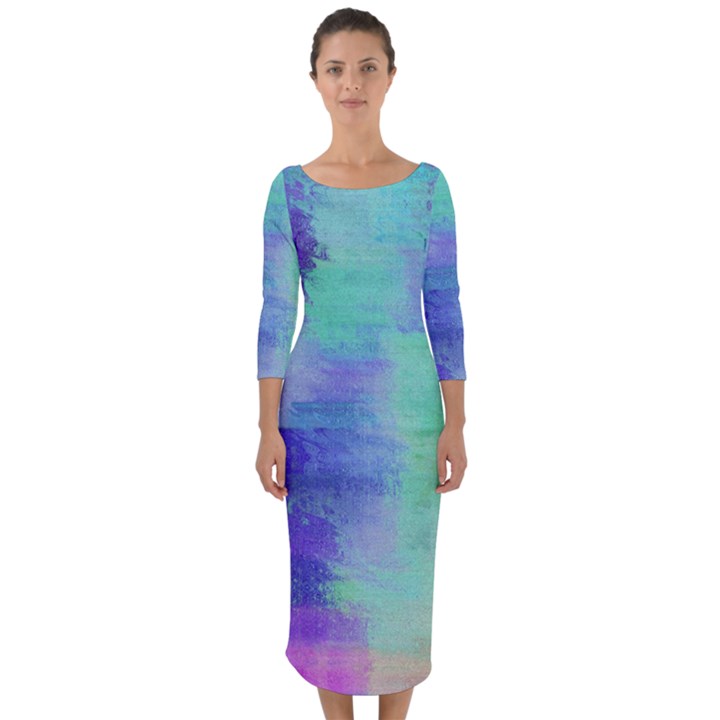 Watercolor Wash Quarter Sleeve Midi Bodycon Dress