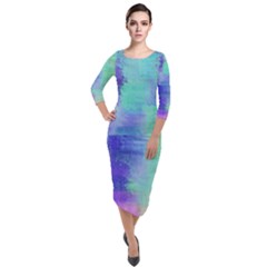 Watercolor Wash Quarter Sleeve Midi Velour Bodycon Dress