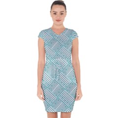 Wood Texture Diagonal Pastel Blue Capsleeve Drawstring Dress 