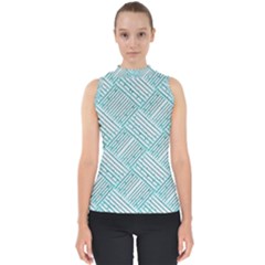 Wood Texture Diagonal Pastel Blue Mock Neck Shell Top