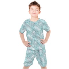 Wood Texture Diagonal Pastel Blue Kids  Tee And Shorts Set by Mariart