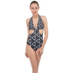 Black White Pattern Halter Front Plunge Swimsuit by Bajindul