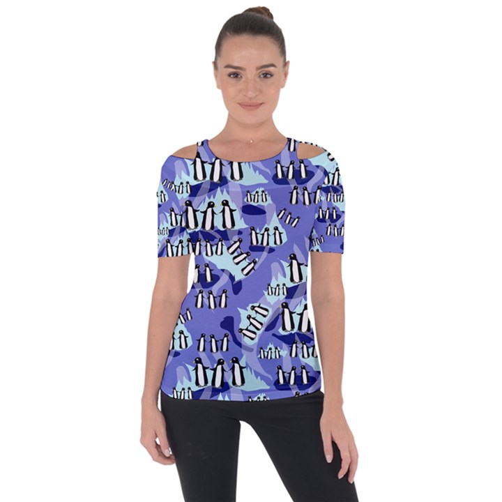 Penguins Pattern Shoulder Cut Out Short Sleeve Top