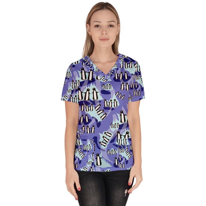 Penguins Pattern Women s V-Neck Scrub Top