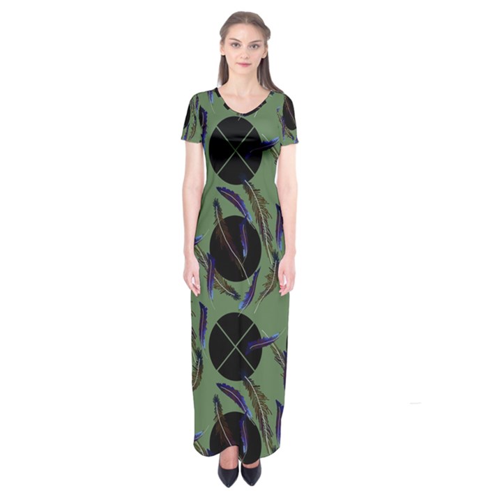 Feathers Pattern Short Sleeve Maxi Dress