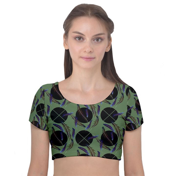 Feathers Pattern Velvet Short Sleeve Crop Top 