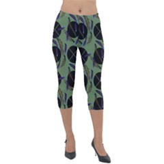 Feathers Pattern Lightweight Velour Capri Leggings  by bloomingvinedesign