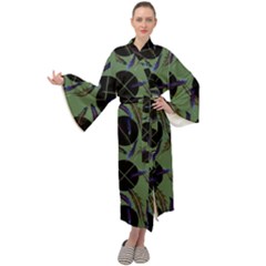 Feathers Pattern Maxi Tie Front Velour Kimono