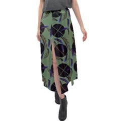 Feathers Pattern Velour Split Maxi Skirt