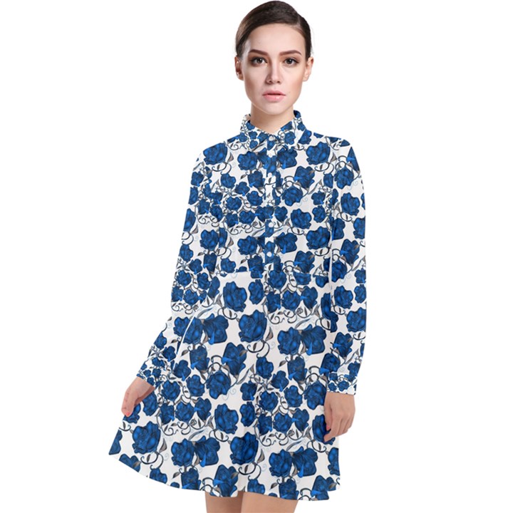 Blue Roses Long Sleeve Chiffon Shirt Dress