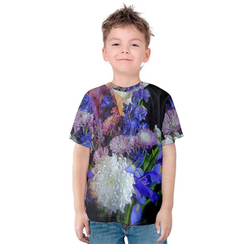 Blue White Purple Mixed Flowers Kids  Cotton Tee by bloomingvinedesign