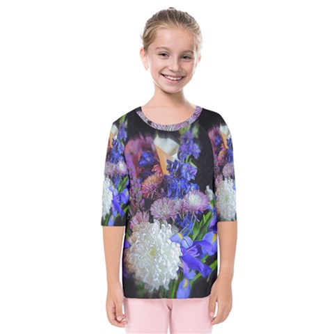 Blue White Purple Mixed Flowers Kids  Quarter Sleeve Raglan Tee by bloomingvinedesign