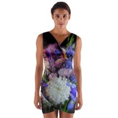 Blue White Purple Mixed Flowers Wrap Front Bodycon Dress by bloomingvinedesign