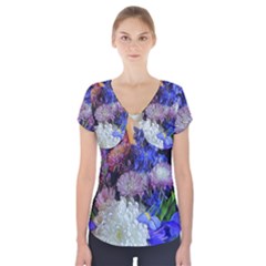 Blue White Purple Mixed Flowers Short Sleeve Front Detail Top by bloomingvinedesign