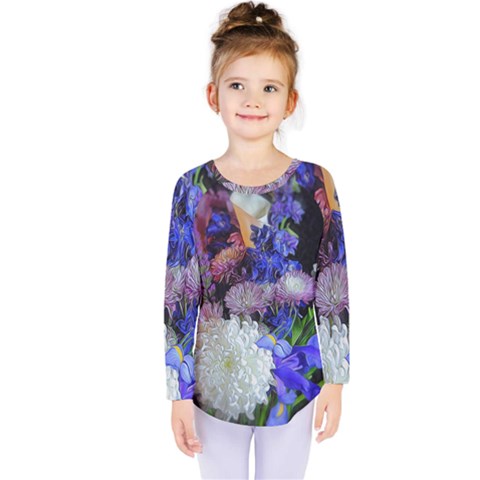 Blue White Purple Mixed Flowers Kids  Long Sleeve Tee by bloomingvinedesign