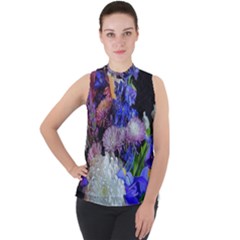 Blue White Purple Mixed Flowers Mock Neck Chiffon Sleeveless Top