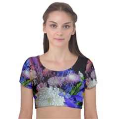 Blue White Purple Mixed Flowers Velvet Short Sleeve Crop Top  by bloomingvinedesign