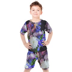 Blue White Purple Mixed Flowers Kids  Tee And Shorts Set by bloomingvinedesign