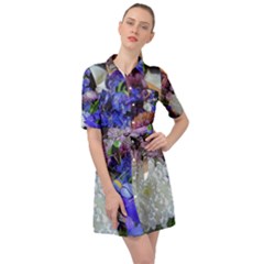 Blue White Purple Mixed Flowers Belted Shirt Dress