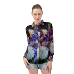 Blue White Purple Mixed Flowers Long Sleeve Chiffon Shirt