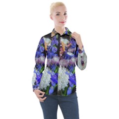 Blue White Purple Mixed Flowers Women s Long Sleeve Pocket Shirt