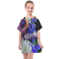 Blue White Purple Mixed Flowers Kids  One Piece Chiffon Dress