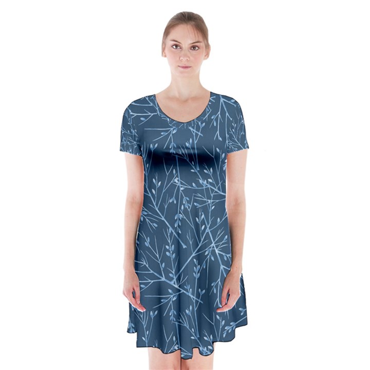 Branches Blue Short Sleeve V-neck Flare Dress