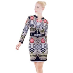 Skull Scary Art Digital Head Button Long Sleeve Dress