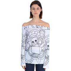 Cute Cat Coloring Page Design Off Shoulder Long Sleeve Top by Wegoenart