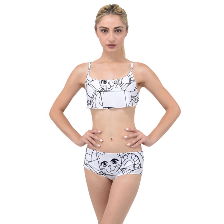 Cute Cat Coloring Page Design Layered Top Bikini Set