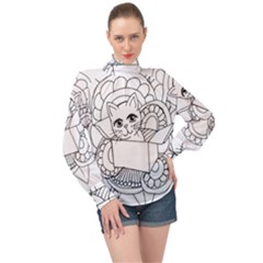 Cute Cat Coloring Page Design High Neck Long Sleeve Chiffon Top by Wegoenart