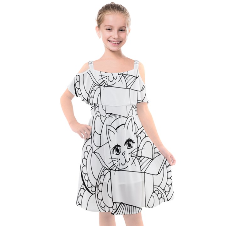 Cute Cat Coloring Page Design Kids  Cut Out Shoulders Chiffon Dress