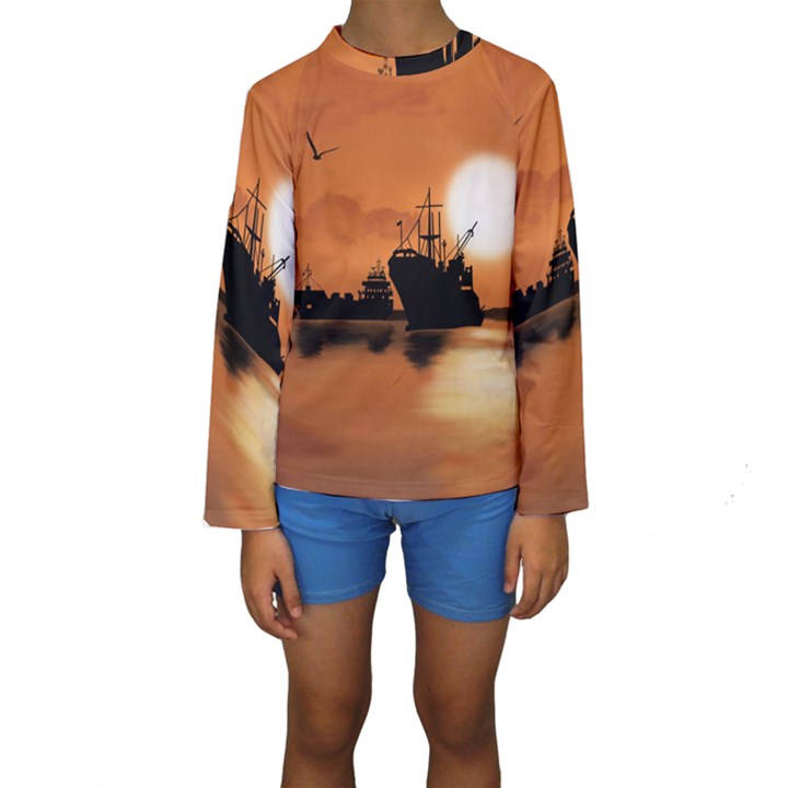 Digital Art Artwork Ship Boats Sea Kids  Long Sleeve Swimwear