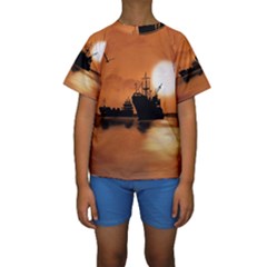 Digital Art Artwork Ship Boats Sea Kids  Short Sleeve Swimwear by Wegoenart