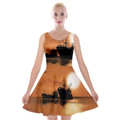 Digital Art Artwork Ship Boats Sea Velvet Skater Dress