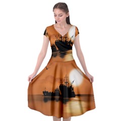 Digital Art Artwork Ship Boats Sea Cap Sleeve Wrap Front Dress