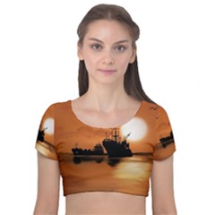 Digital Art Artwork Ship Boats Sea Velvet Short Sleeve Crop Top  by Wegoenart