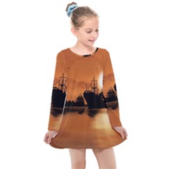 Digital Art Artwork Ship Boats Sea Kids  Long Sleeve Dress by Wegoenart