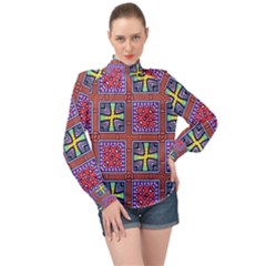 Shapes In Squares Pattern                     High Neck Long Sleeve Chiffon Top