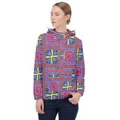 Shapes In Squares Pattern                       Women Hooded Front Pocket Windbreaker