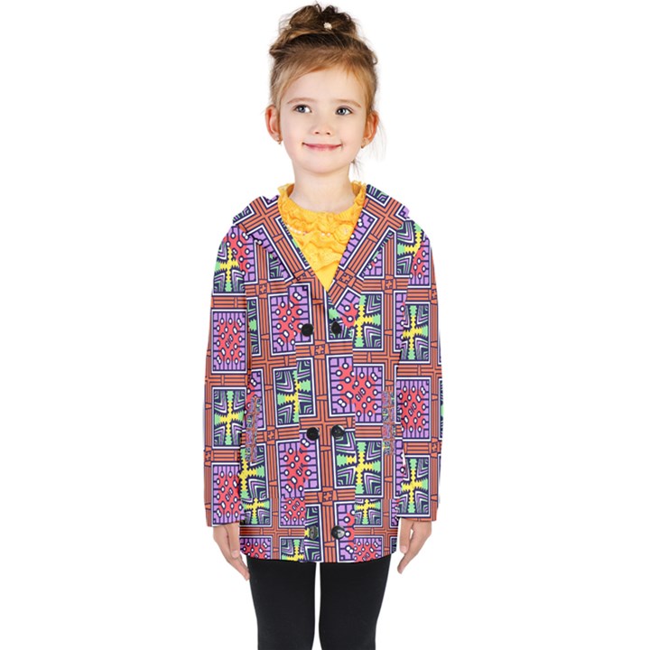 Shapes in squares pattern                       Kids  Double Breasted Button Coat