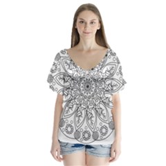 Flowers Mandala Hand Drawing V-neck Flutter Sleeve Top by Wegoenart