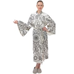 Flowers Mandala Hand Drawing Maxi Tie Front Velour Kimono