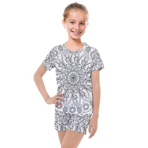 Flowers Mandala Hand Drawing Kids  Mesh Tee And Shorts Set by Wegoenart