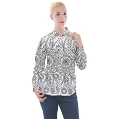 Flowers Mandala Hand Drawing Women s Long Sleeve Pocket Shirt