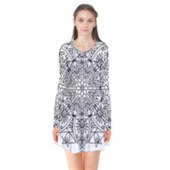 Drawing Pencil Pattern Mandala Long Sleeve V-neck Flare Dress by Wegoenart