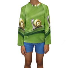 Snail Drops Rain Drawing Green Kids  Long Sleeve Swimwear by Wegoenart