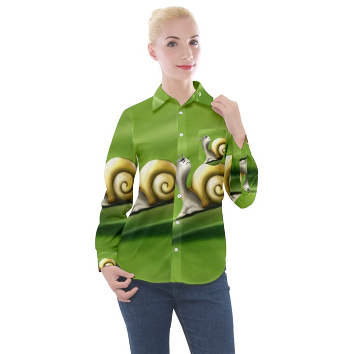 Snail Drops Rain Drawing Green Women s Long Sleeve Pocket Shirt